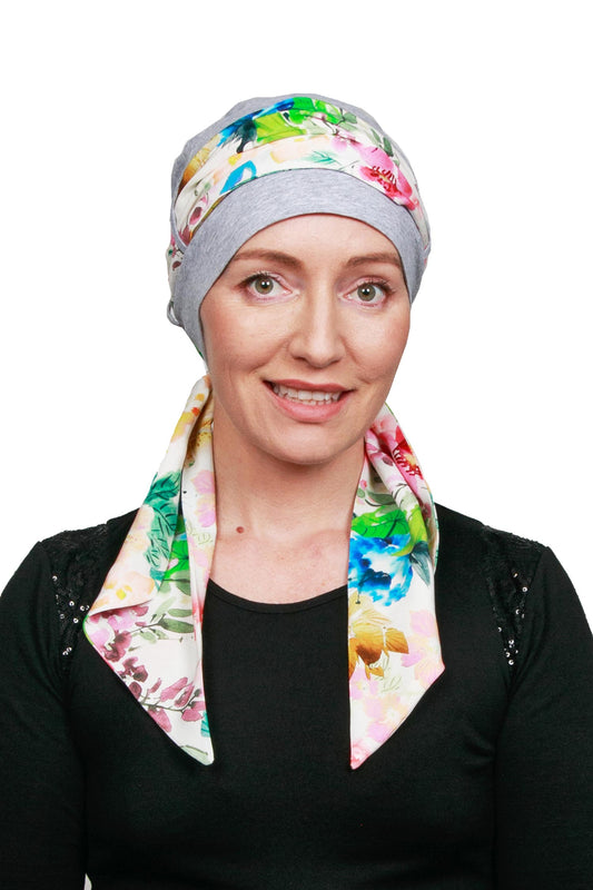 Rosewood Cancer Scarf Hat - Floral Grey - Kaus Hats