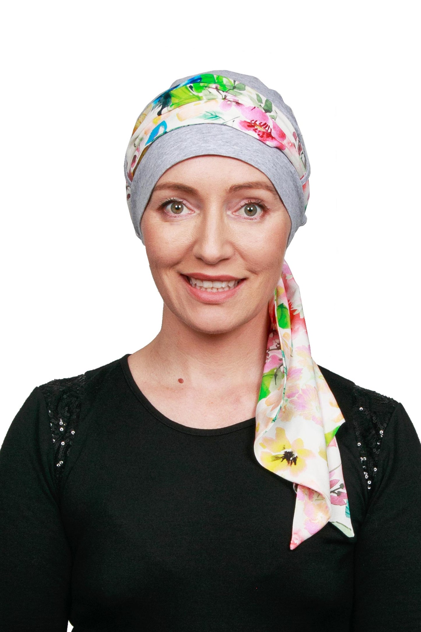 Rosewood Cancer Scarf Hat - Floral Grey 1 - Kaus Hats