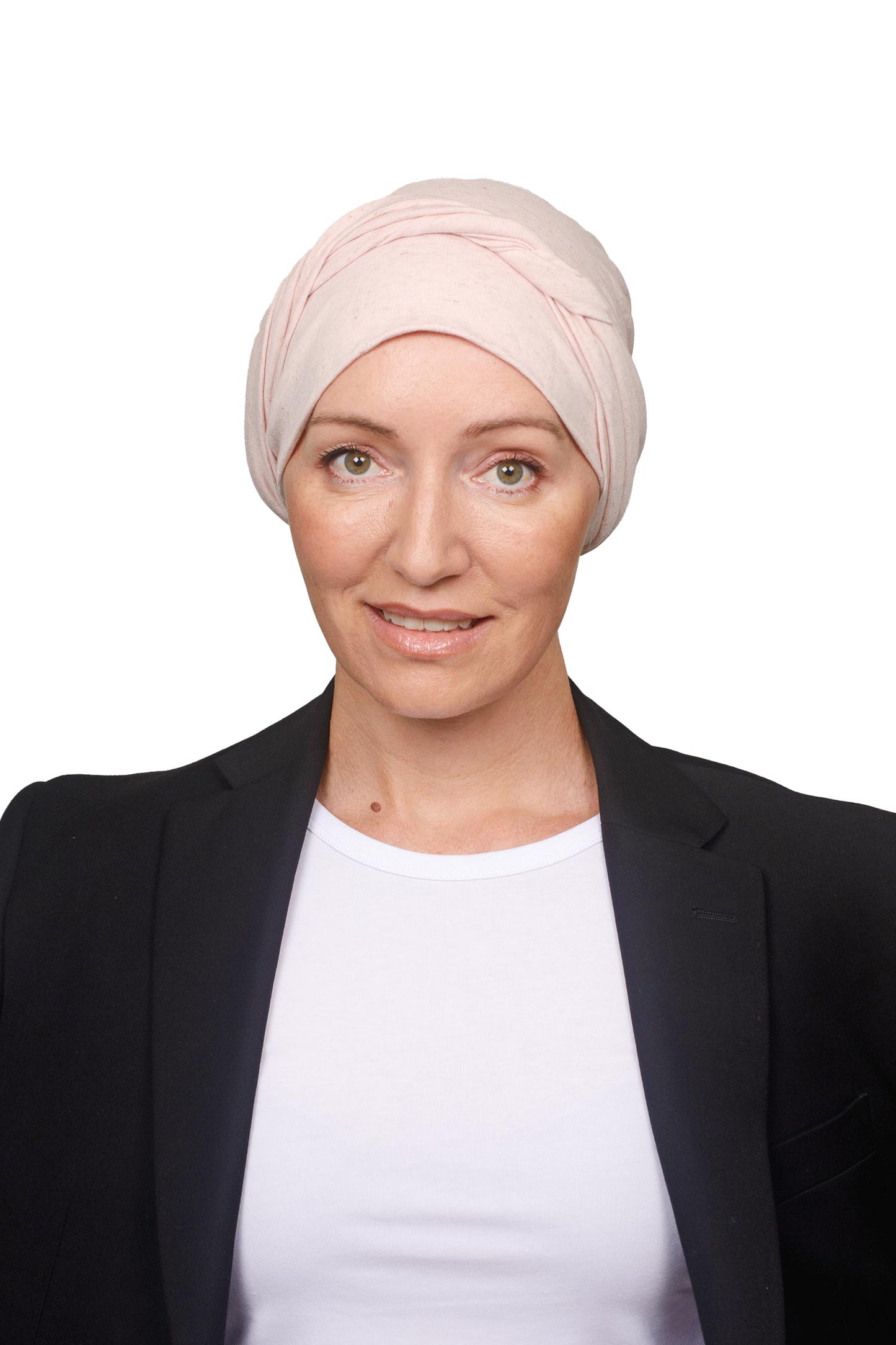 Women wearing a pink linen flax cotton cancer scarf hat as a headwrap