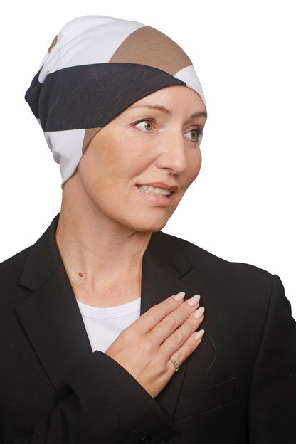 women wearing a cancer nightcap in black white and mocha as a head covering