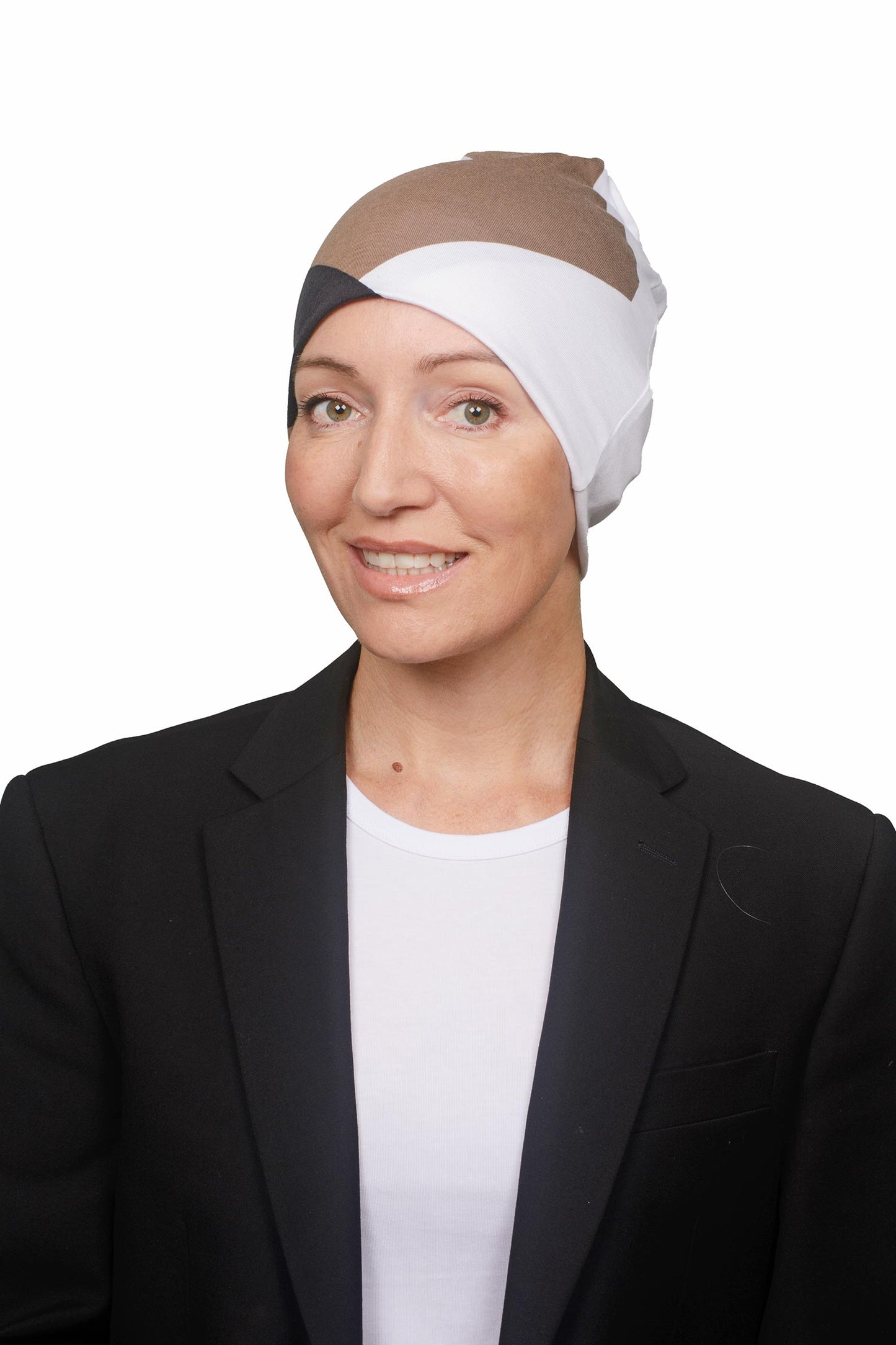 women wearing a cancer nightcap in black white and mocha as a head covering