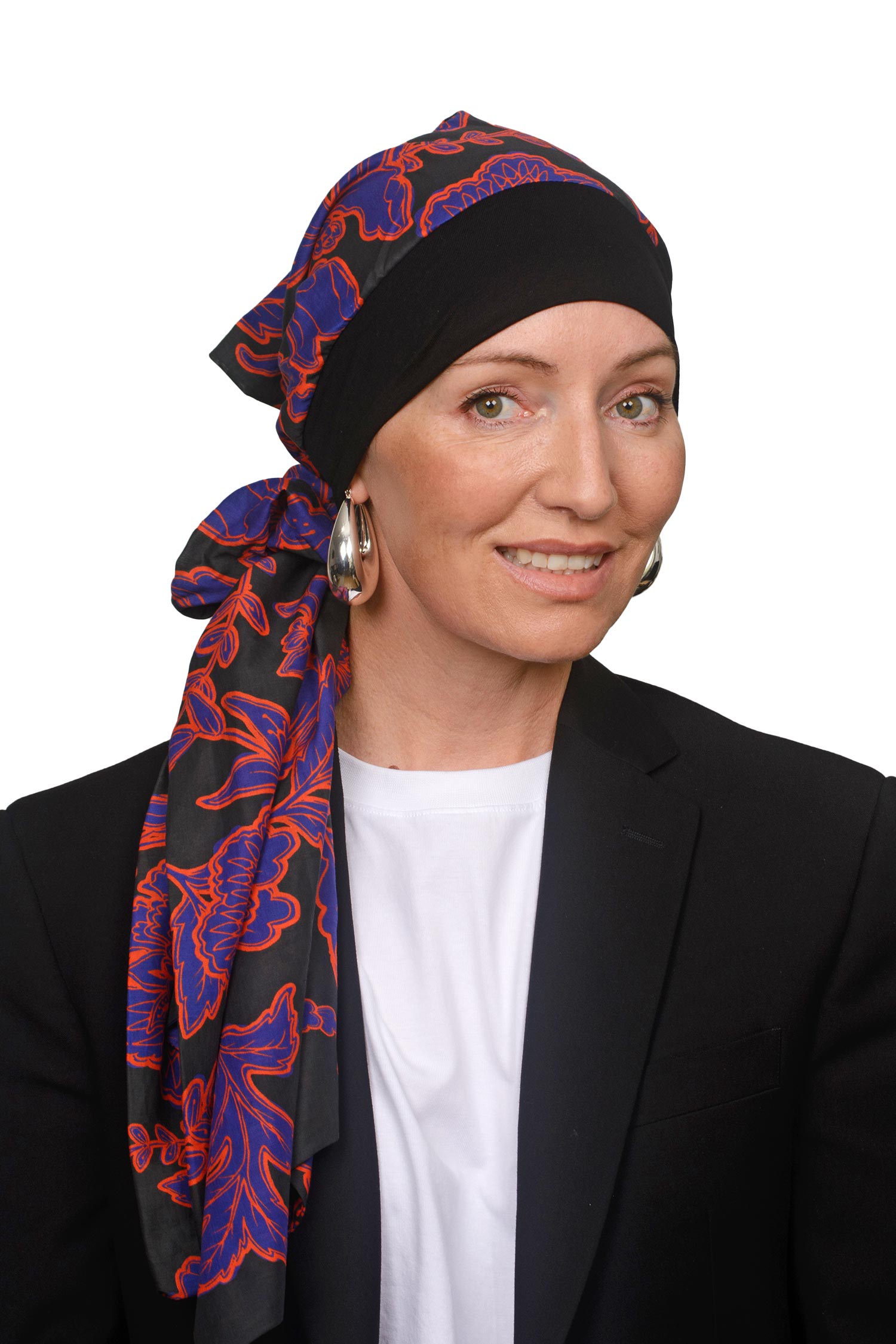 Women wearing a cancer headscarf in black and floral as a headcovering