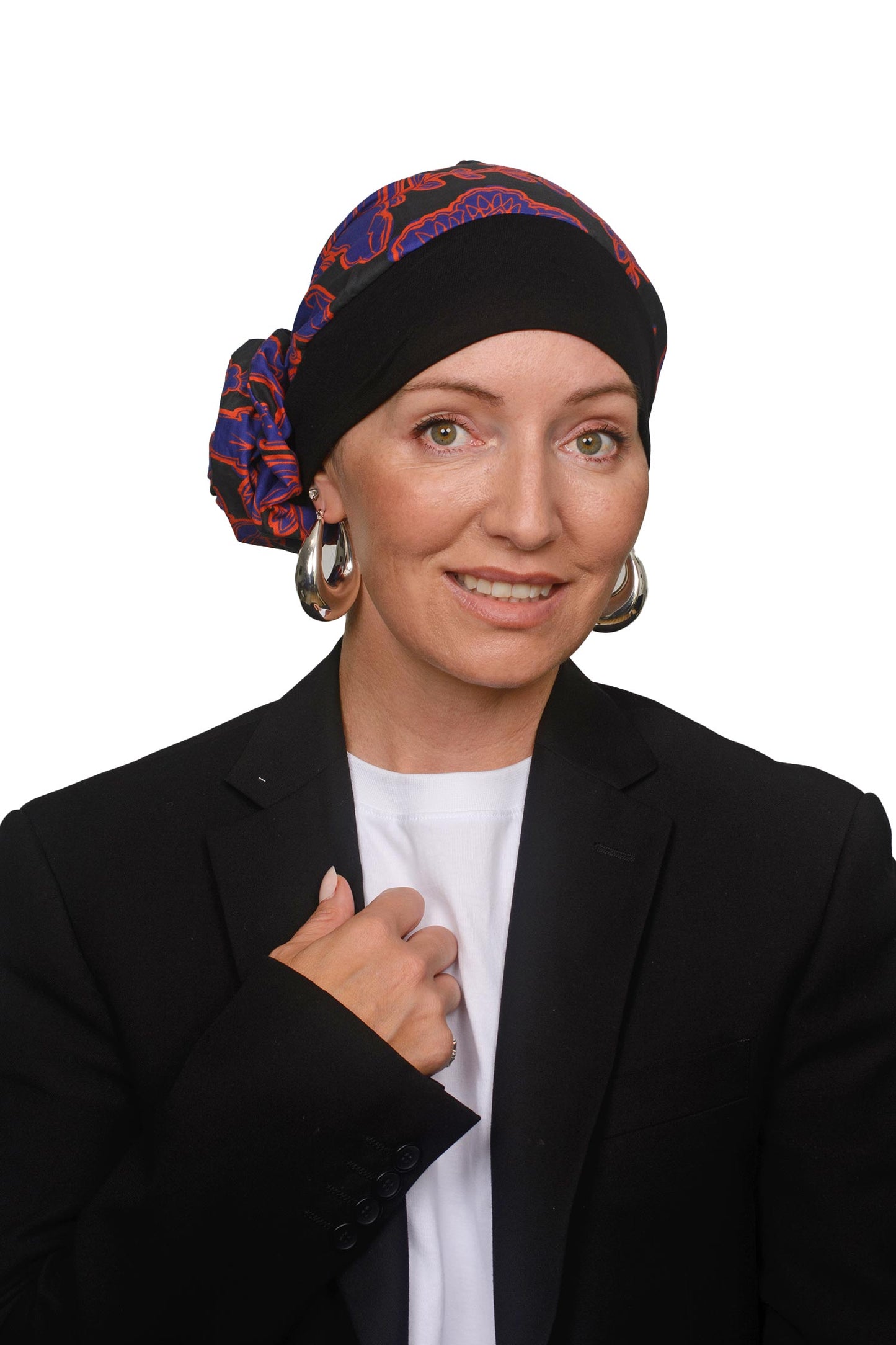 Women wearing a cancer headscarf in black and floral as a headcovering