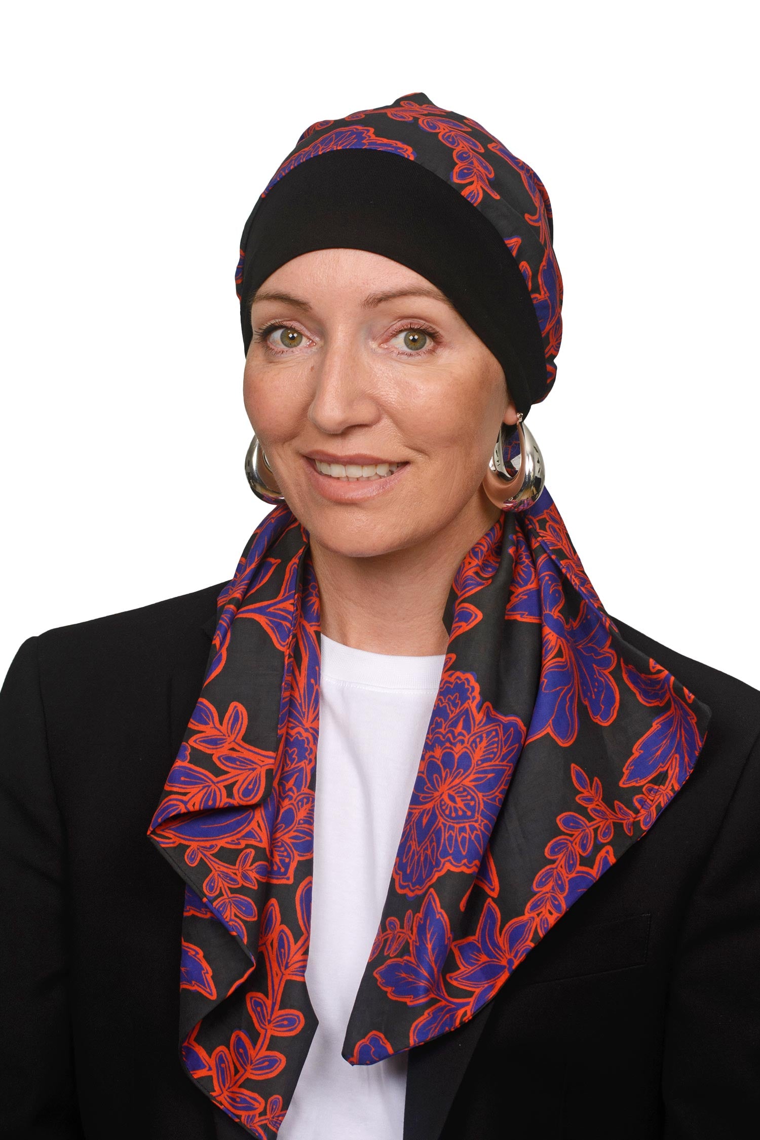 Women wearing a cancer headscarf in black and floral as a headcovering