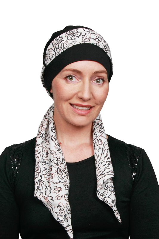 Zoe Scarf Cancer Hat - Black White Floral - Kaus Hats