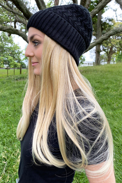 Blonde Cancer Wig Beanie- Black 4- Kaus Hats