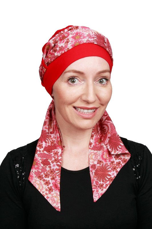Daisy Cancer Scarf Hat - Red Pink - Kaus Hats