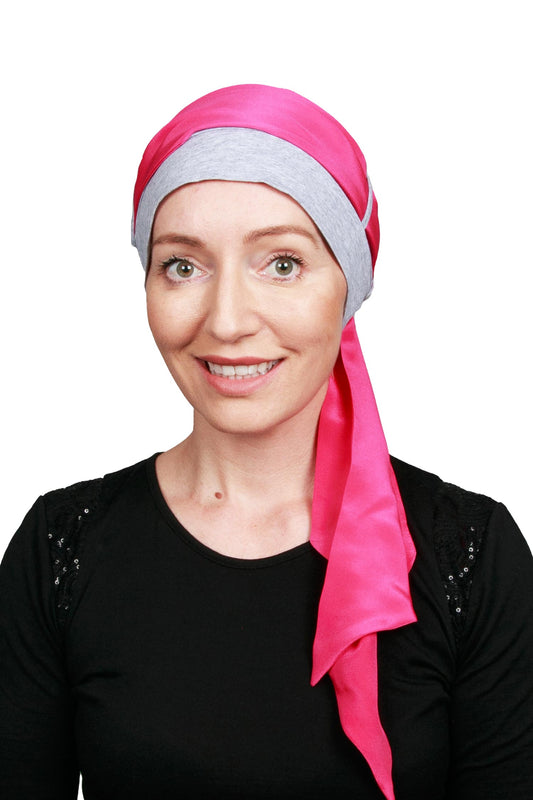 Silk De Chine Cancer Scarf Hat - Grey Hot Pink - Kaus Hats