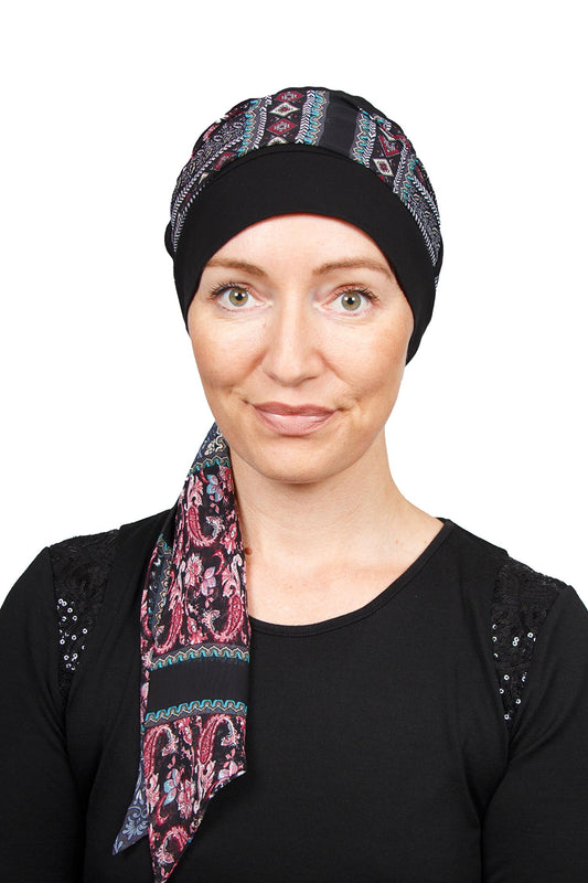 Petra Cancer Scarf Hat - Black Floral Paisley - Kaus Hats
