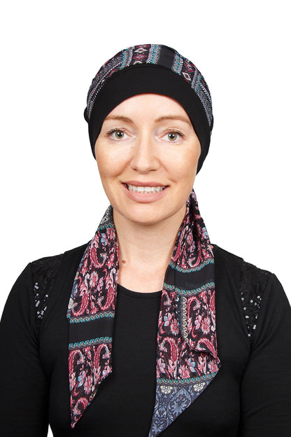 Petra Cancer Scarf Hat - Black Floral Paisley 1 - Kaus Hats
