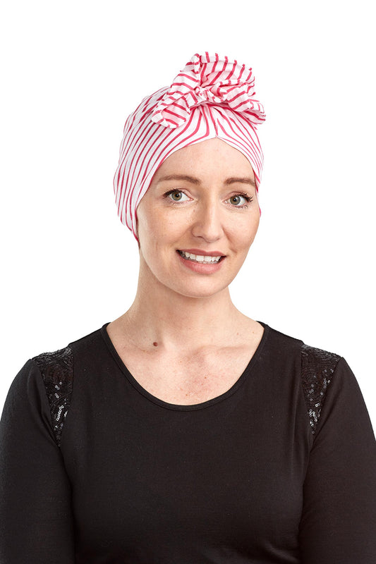 Raspberry Turban Cancer Hat - Raspberry White Stripe - Kaus Hats