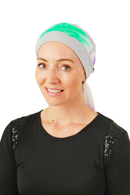 Spearmint Scarf Cancer Hat - Tie dye Green Purple Grey 2 - Kaus Hats